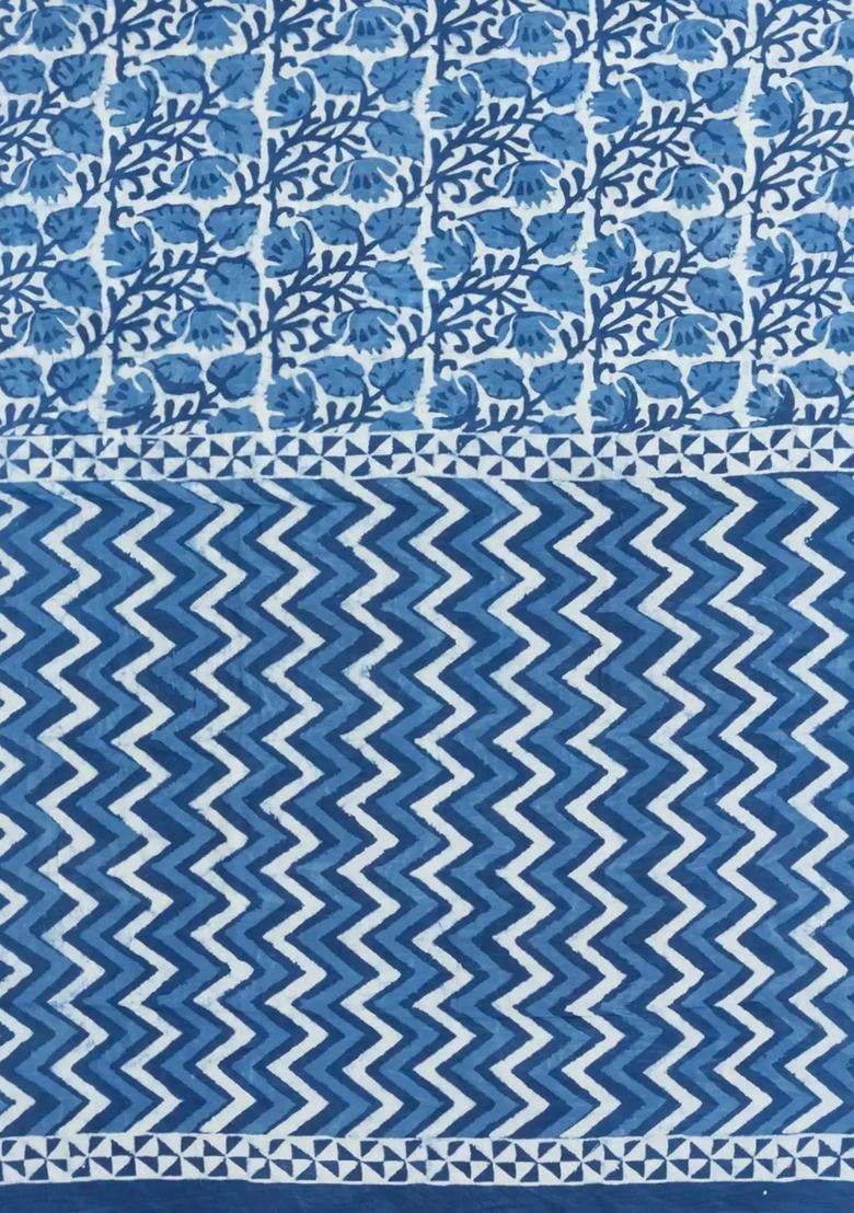 Indigo Printed Jaipur Cotton Saree With Floral Motifs For Women - Indya