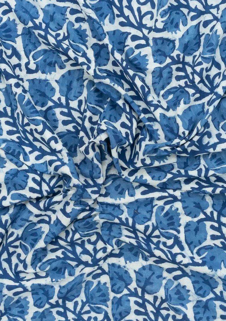 Indigo Printed Jaipur Cotton Saree With Floral Motifs For Women - Indya