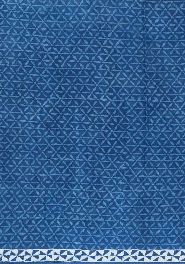 Indigo Printed Jaipur Cotton Saree With Floral Motifs For Women - Indya