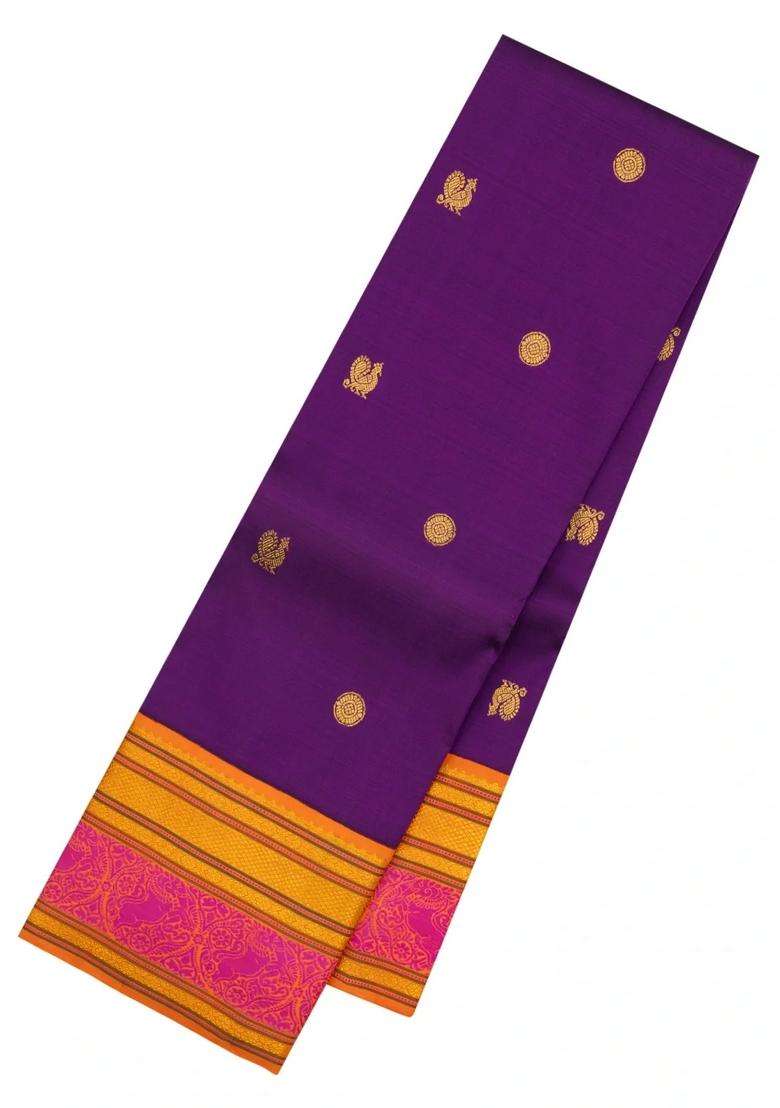 Purple Handloom Korvai Kanchipuram Silk Saree With Silk Thread Work Motifs With Korvai And Temple Border Design For Women - Indya