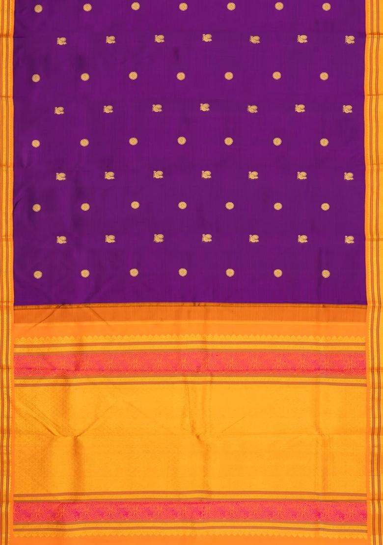 Purple Handloom Korvai Kanchipuram Silk Saree With Silk Thread Work Motifs With Korvai And Temple Border Design For Women - Indya