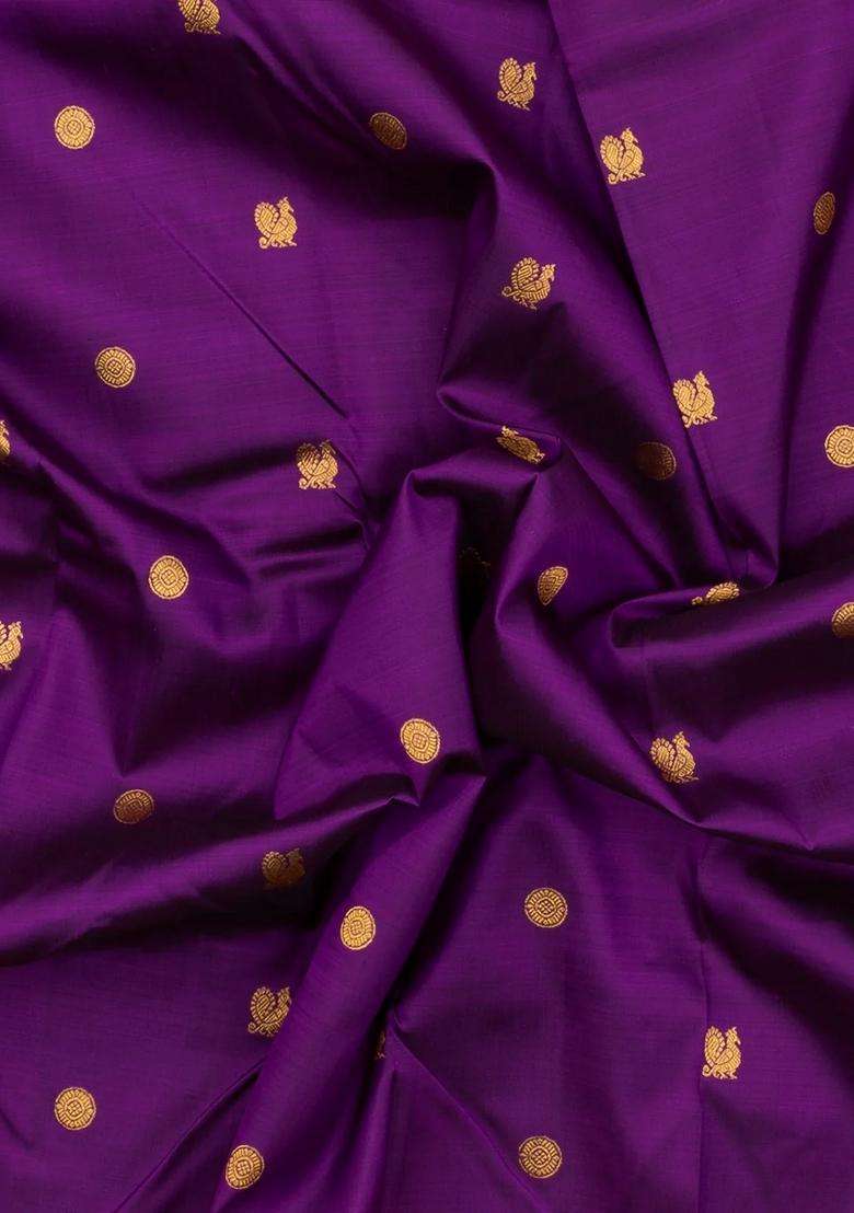 Purple Handloom Korvai Kanchipuram Silk Saree With Silk Thread Work Motifs With Korvai And Temple Border Design For Women - Indya