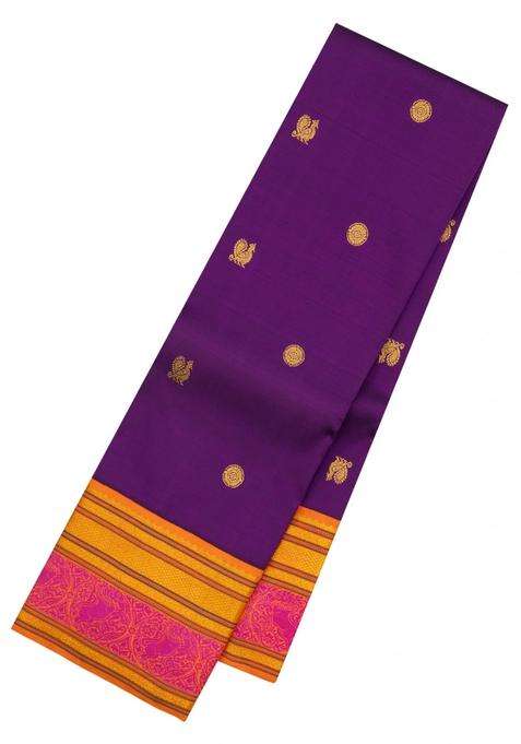 Purple Handloom Korvai Kanchipuram Silk Saree With Silk Thread Work Motifs With Korvai And Temple Border Design For Women