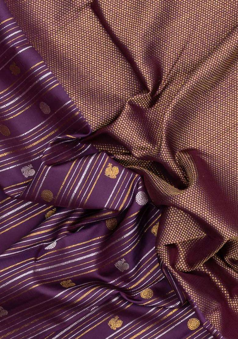Dark Purple Handloom Kanchipuram Silk Saree With Coin Motifs With Buttas And Brocade Design For Women - Indya