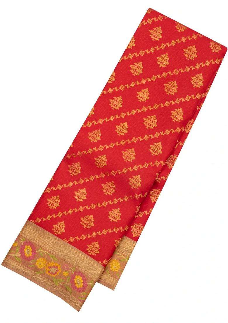 Red Handloom Kanchipuram Silk Saree With Meena Border With Buttas And Brocade Design For Women - Indya