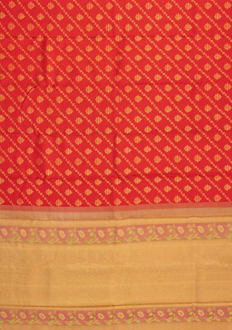 Red Handloom Kanchipuram Silk Saree With Meena Border With Buttas And Brocade Design For Women - Indya