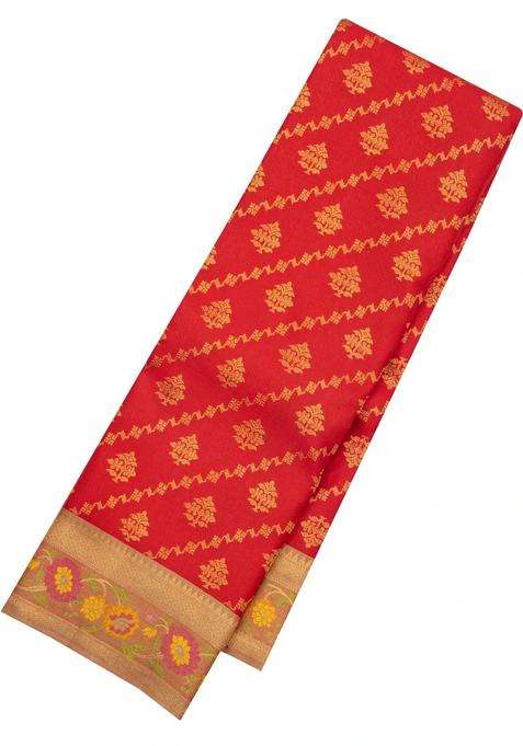 Red Handloom Kanchipuram Silk Saree With Meena Border With Buttas And Brocade Design For Women