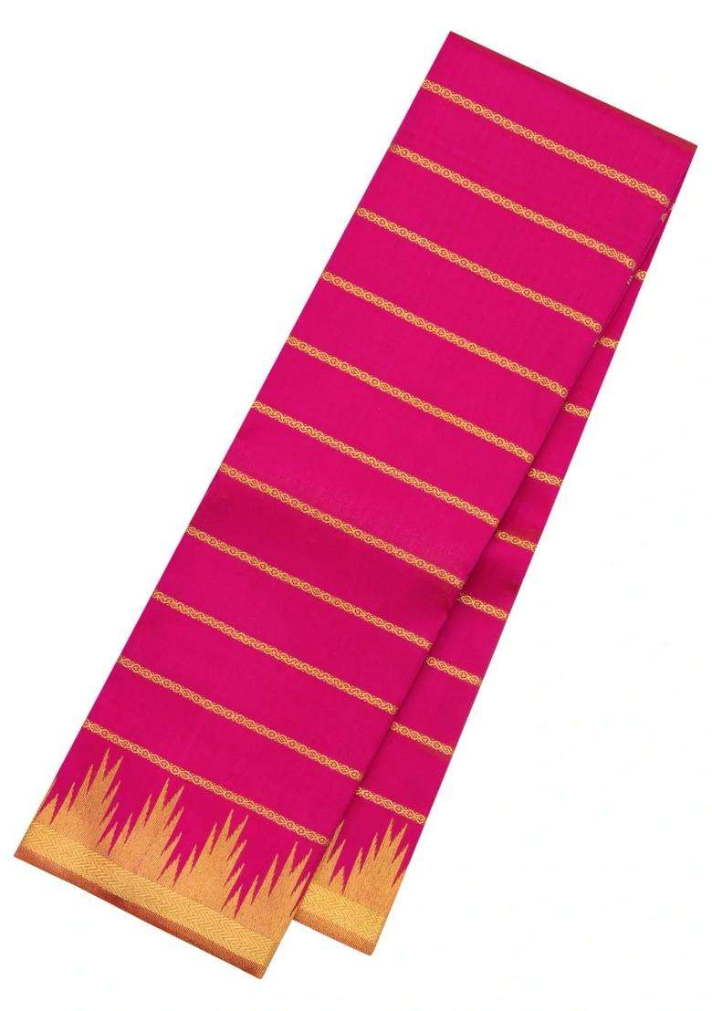 Hot Pink Handloom Kanchipuram Silk Saree With Veldhari Stripes With Checks And Stripes Design For Women - Indya