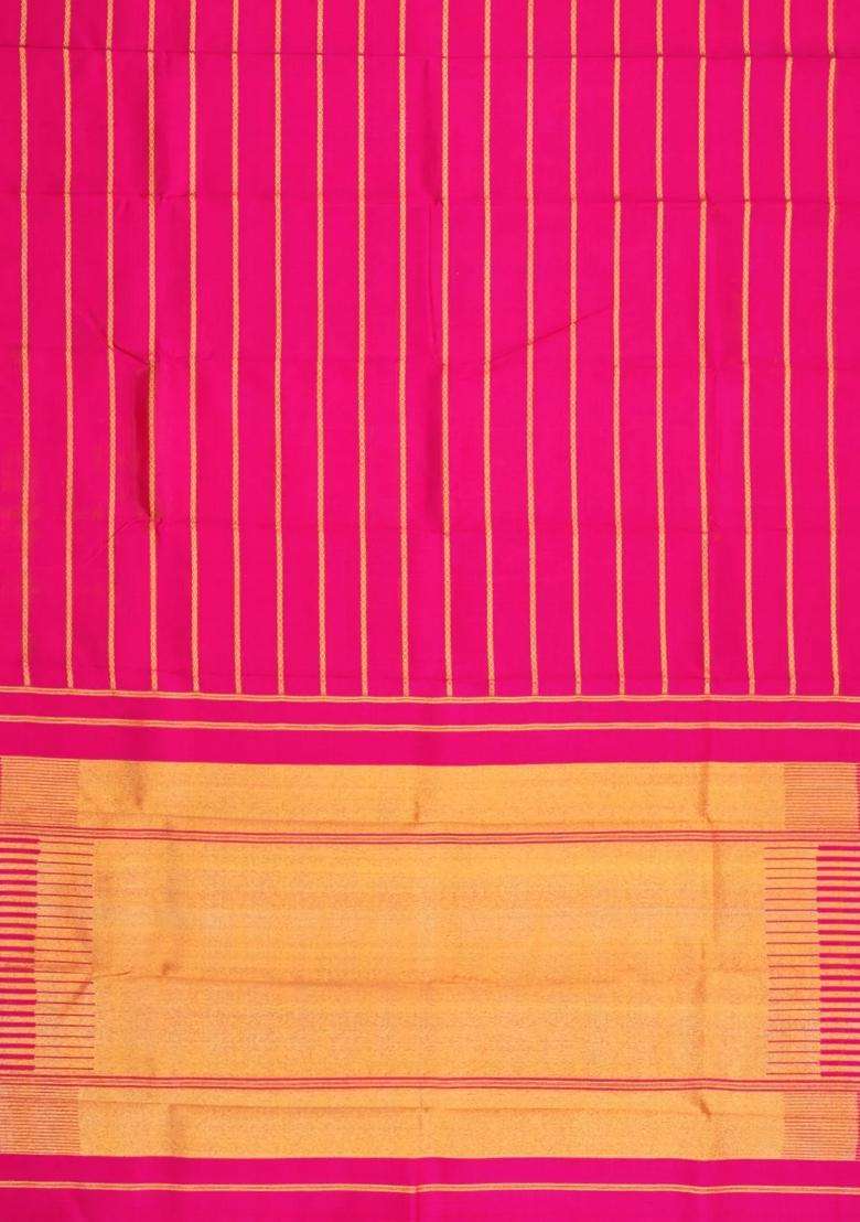 Hot Pink Handloom Kanchipuram Silk Saree With Veldhari Stripes With Checks And Stripes Design For Women - Indya