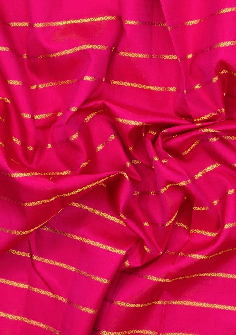 Hot Pink Handloom Kanchipuram Silk Saree With Veldhari Stripes With Checks And Stripes Design For Women - Indya