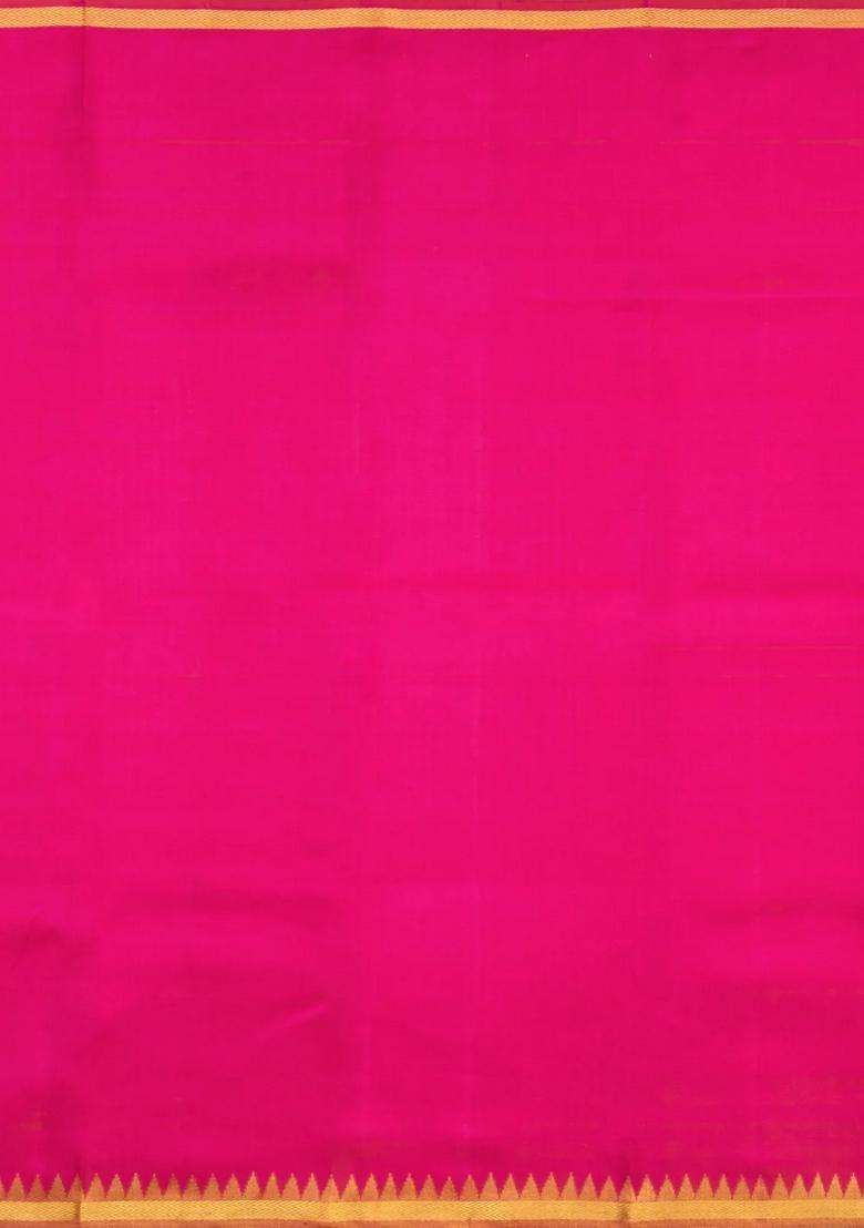 Hot Pink Handloom Kanchipuram Silk Saree With Veldhari Stripes With Checks And Stripes Design For Women - Indya