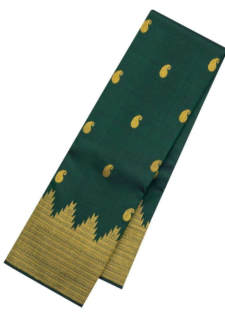 Dark Green Handloom Kanchipuram Silk Saree With Mango Buttas With Buttas And Brocade Design For Women - Indya