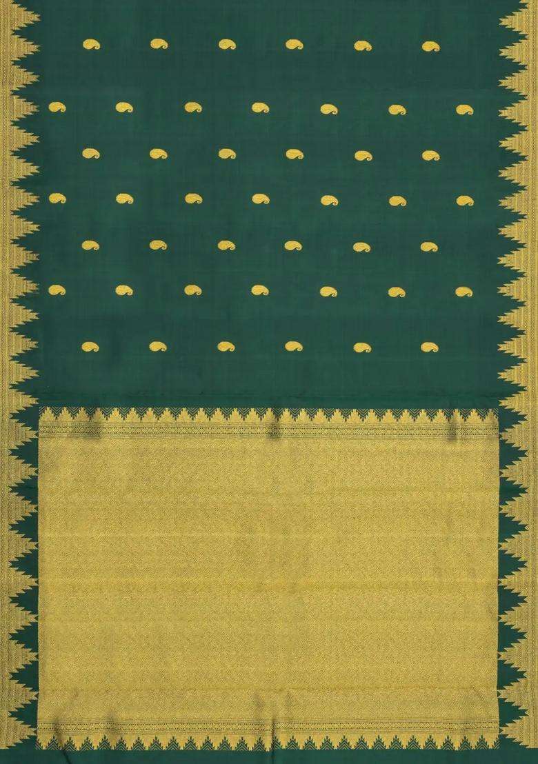 Dark Green Handloom Kanchipuram Silk Saree With Mango Buttas With Buttas And Brocade Design For Women - Indya