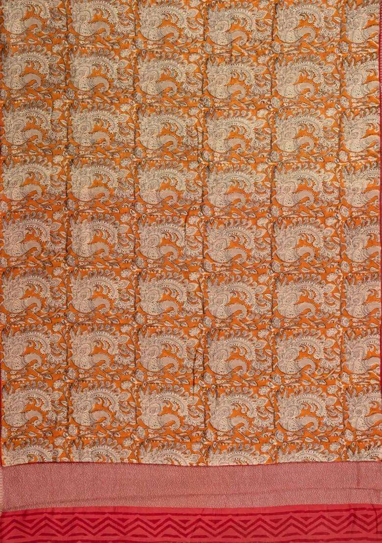 Orange Printed Chanderi Cotton Saree With Zari Border For Women - Indya