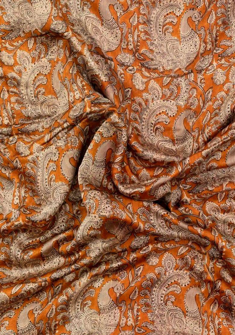 Orange Printed Chanderi Cotton Saree With Zari Border For Women - Indya