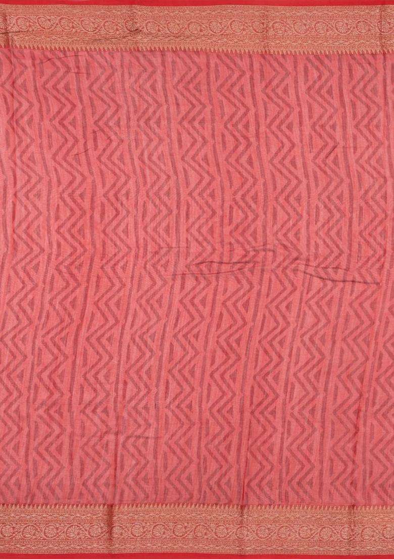 Orange Printed Chanderi Cotton Saree With Zari Border For Women - Indya