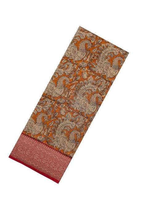 Orange Printed Chanderi Cotton Saree With Zari Border For Women