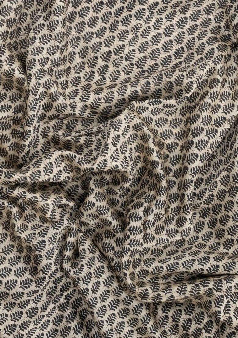 Black Printed Chanderi Cotton Saree With Zari Border For Women - Indya