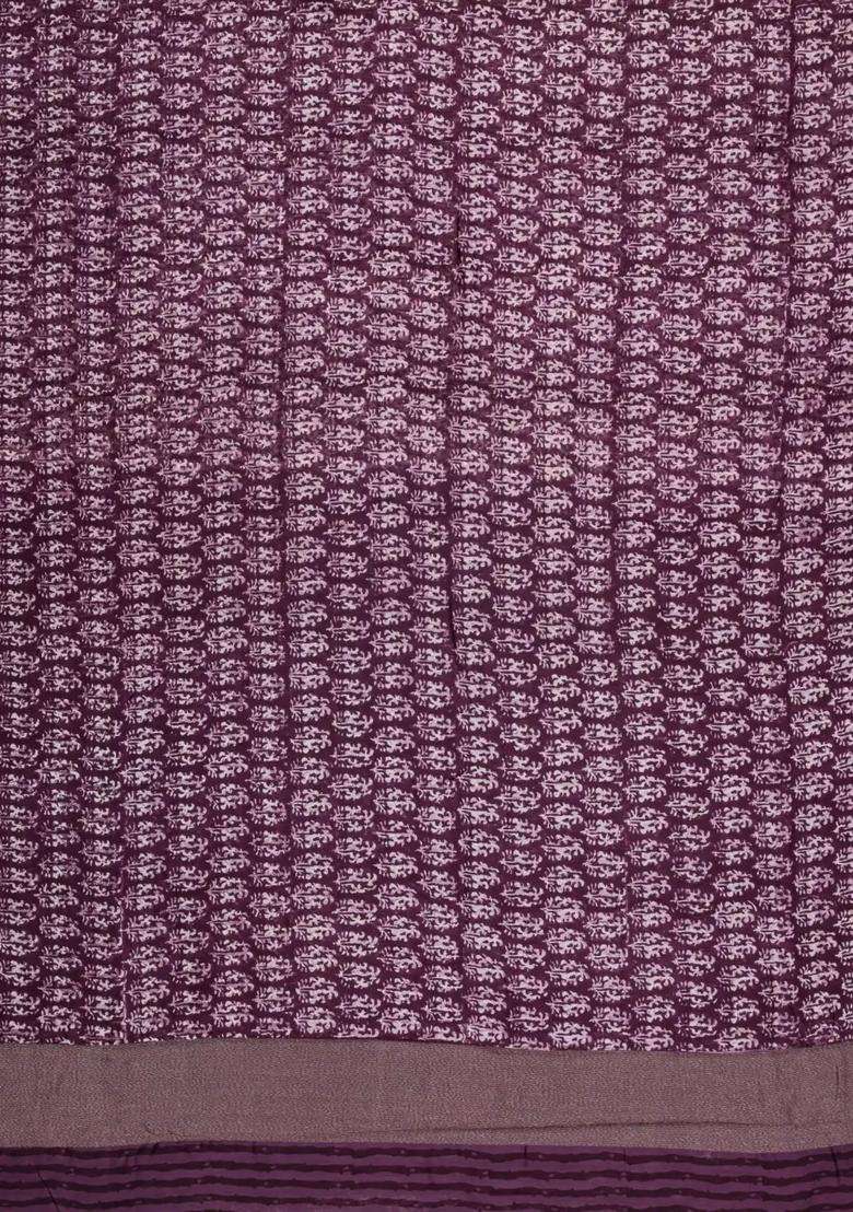 Lilac Printed Chanderi Cotton Saree With Zari Border For Women - Indya