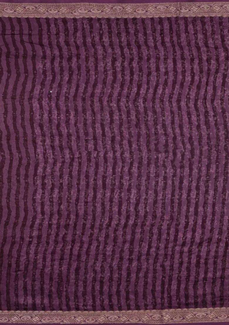 Lilac Printed Chanderi Cotton Saree With Zari Border For Women - Indya