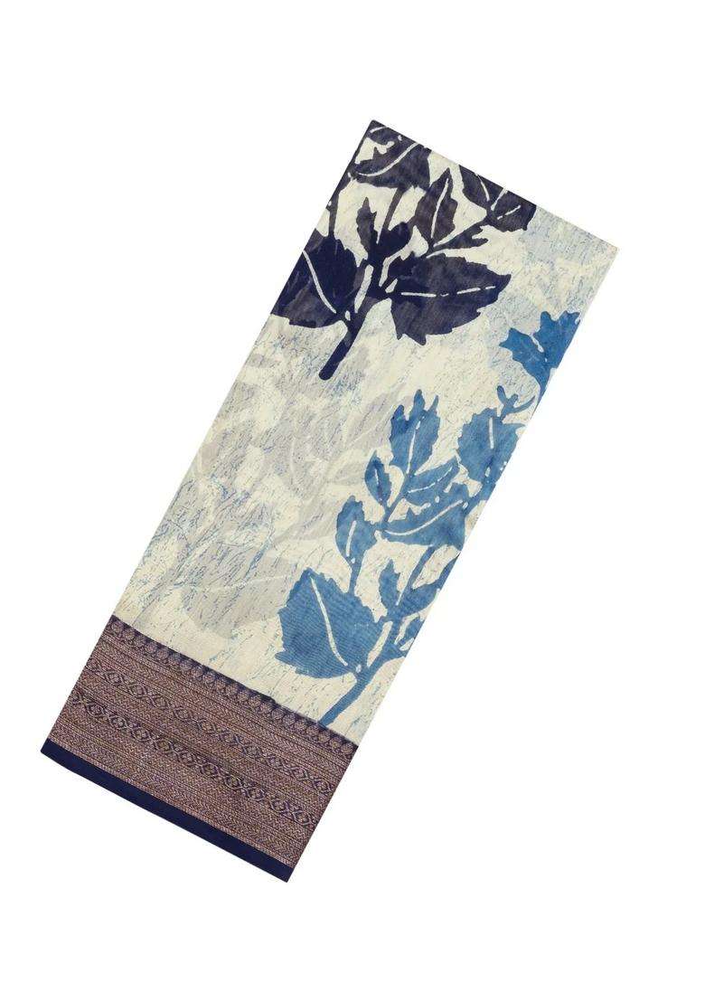 Cream Printed Chanderi Cotton Saree With Zari Border For Women - Indya