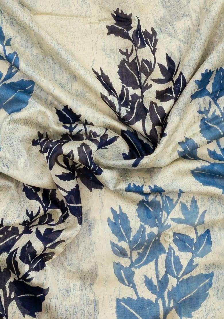 Cream Printed Chanderi Cotton Saree With Zari Border For Women - Indya