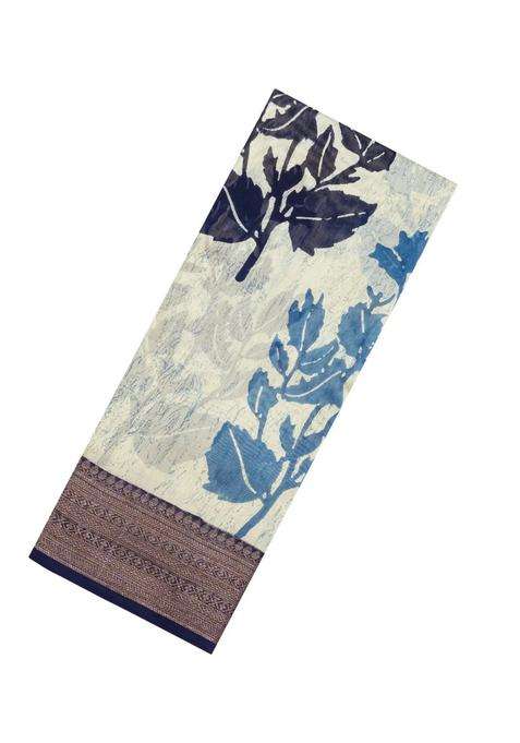 Cream Printed Chanderi Cotton Saree With Zari Border For Women