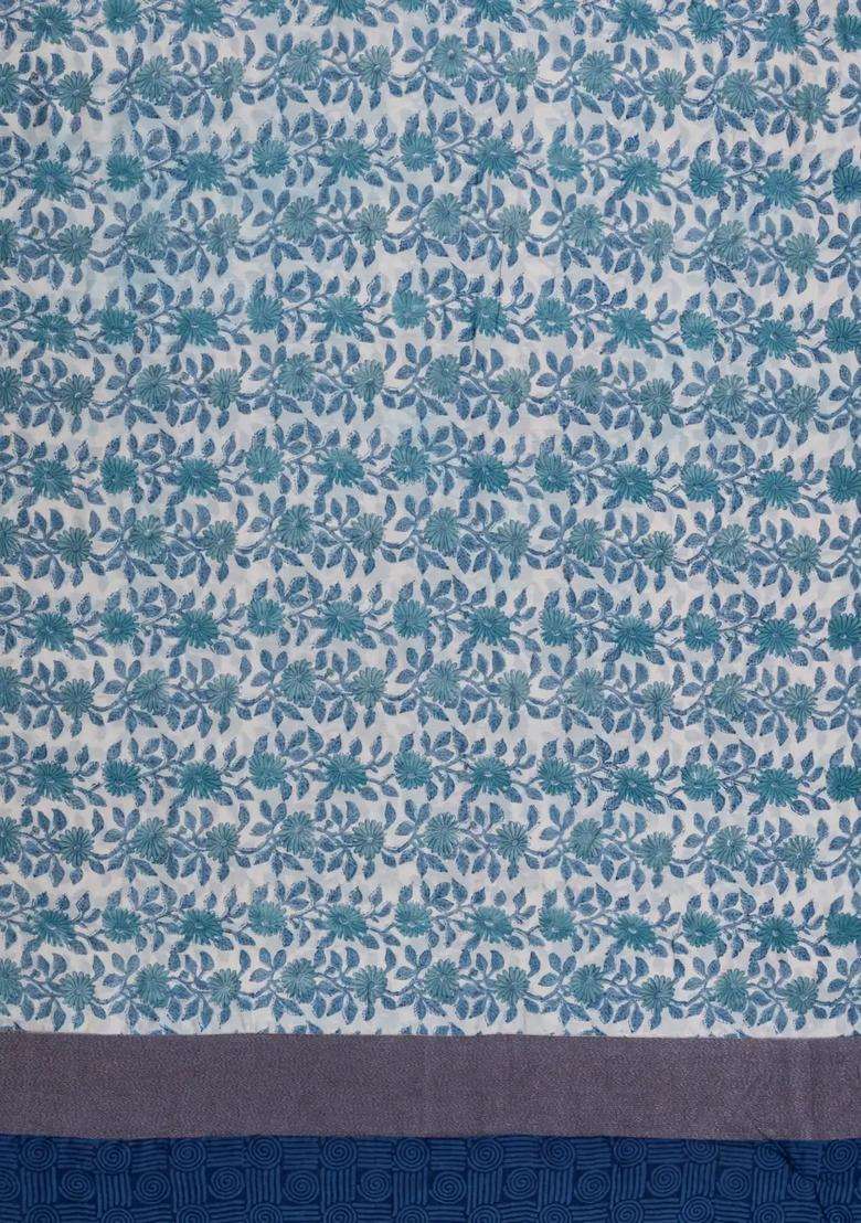 Indigo Printed Chanderi Cotton Saree With Zari Border For Women - Indya