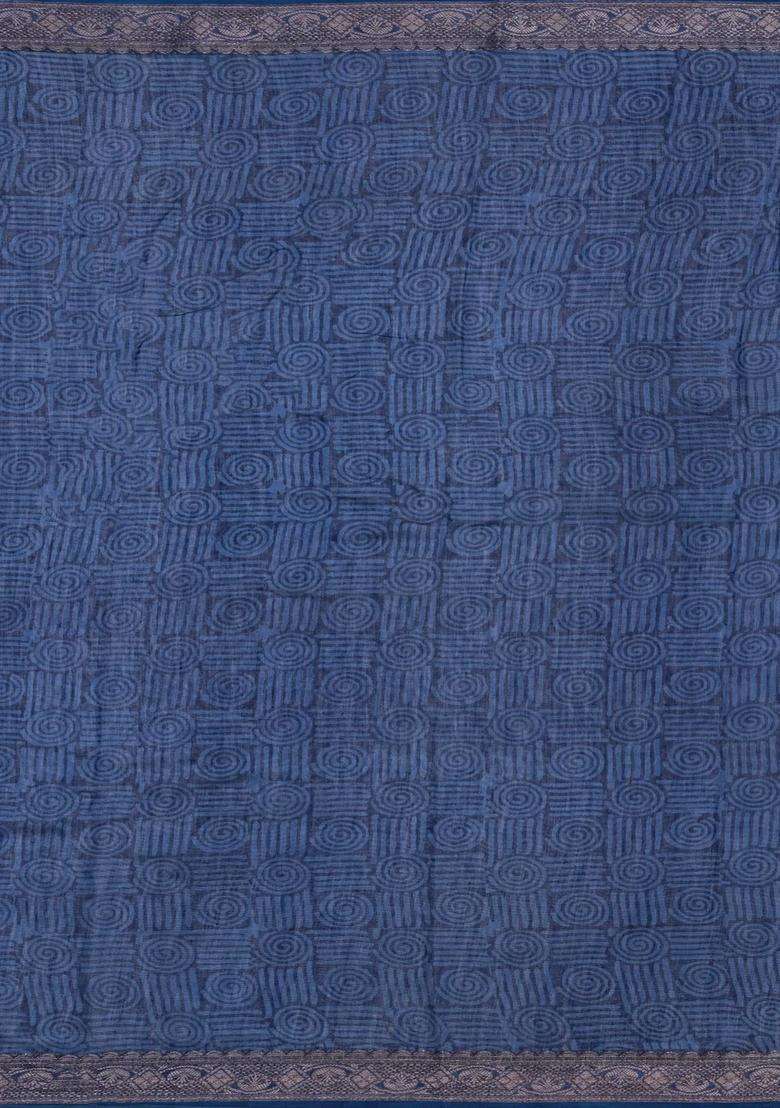 Indigo Printed Chanderi Cotton Saree With Zari Border For Women - Indya
