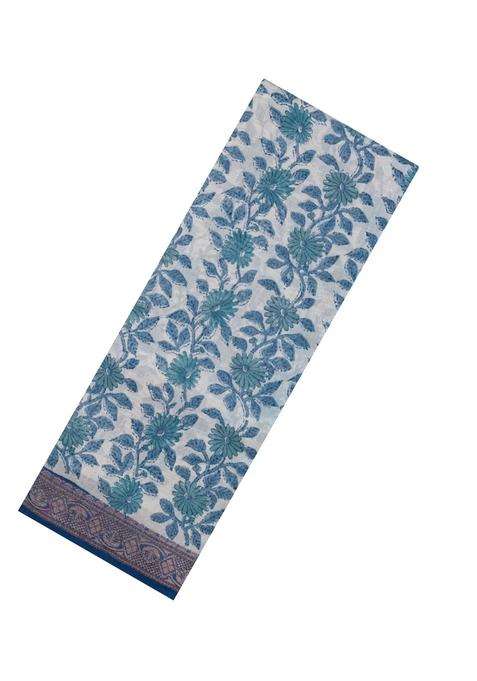 Indigo Printed Chanderi Cotton Saree With Zari Border For Women