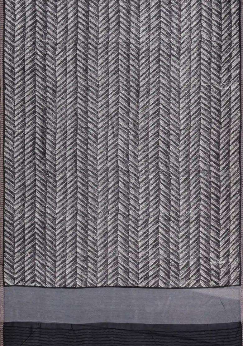 Black Printed Chanderi Cotton Saree With Zari Border For Women - Indya