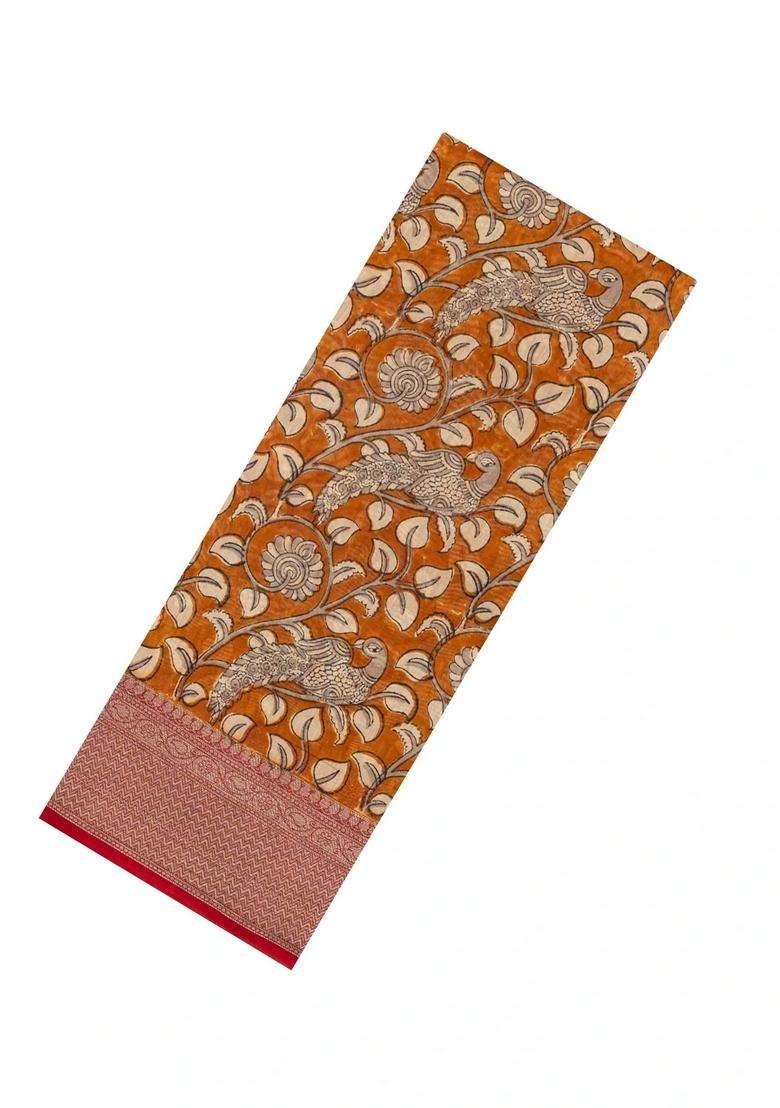 Orange Printed Chanderi Cotton Saree With Zari Border For Women - Indya