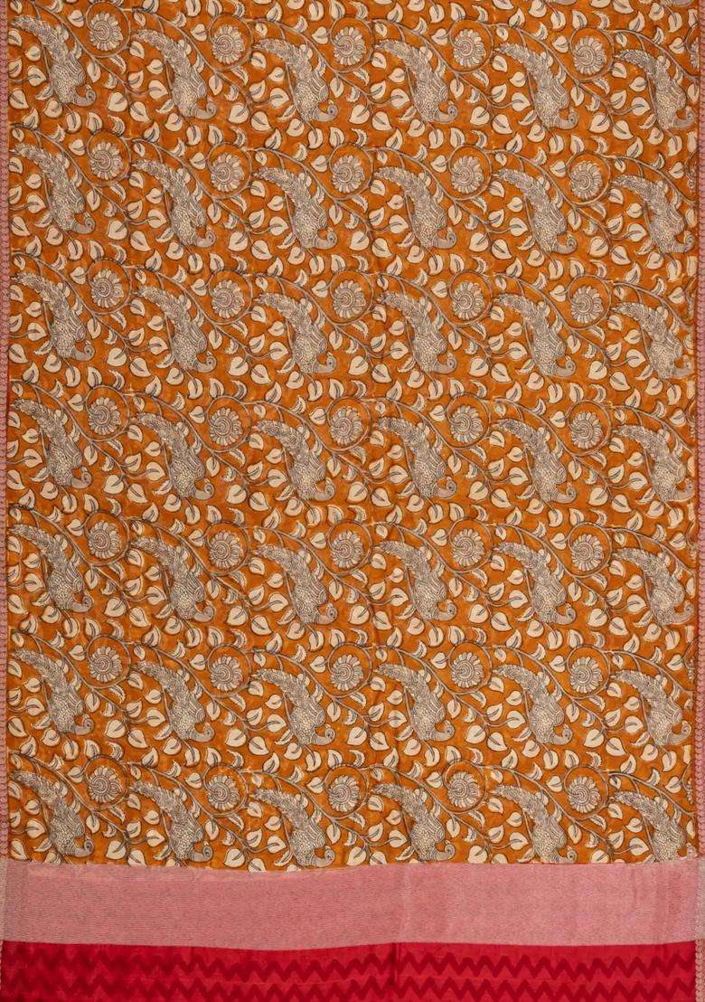 Orange Printed Chanderi Cotton Saree With Zari Border For Women - Indya