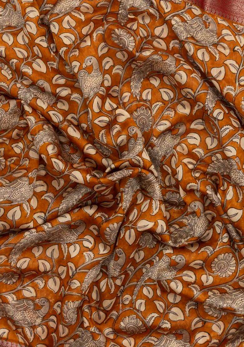 Orange Printed Chanderi Cotton Saree With Zari Border For Women - Indya