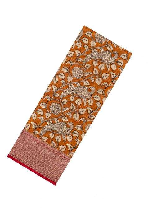 Orange Printed Chanderi Cotton Saree With Zari Border For Women