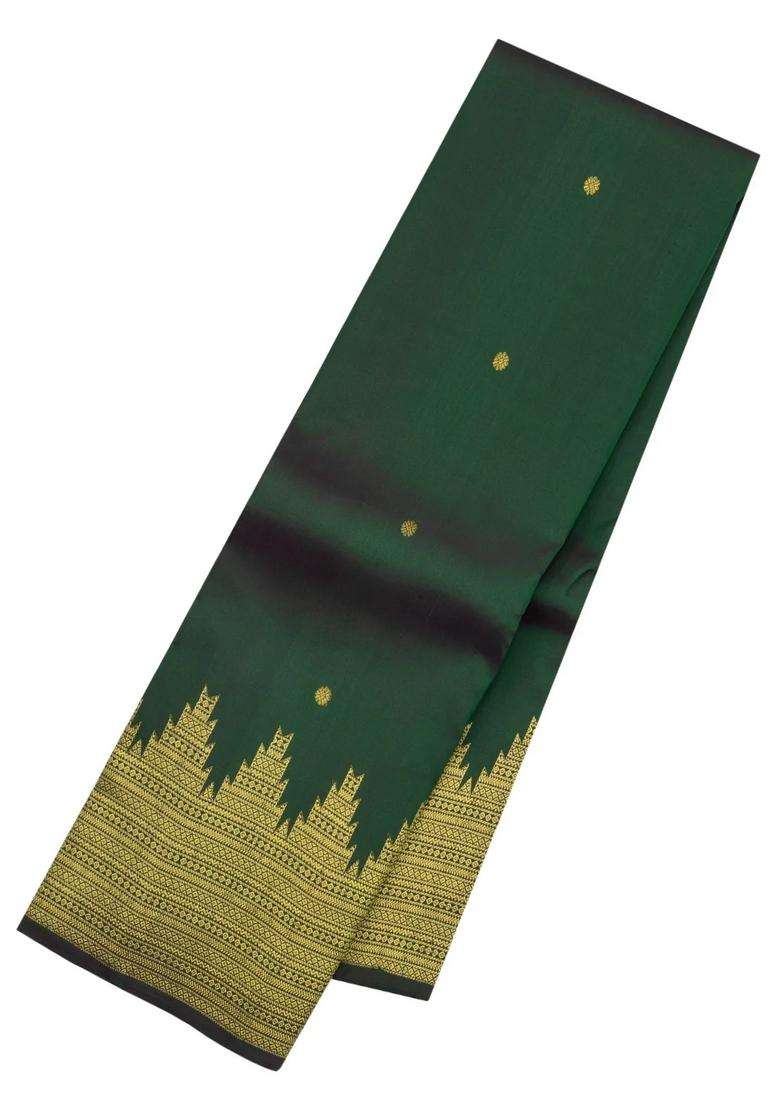 Dark Green Handloom Kanchipuram Silk Saree With Buttas Temple Border With Korvai And Temple Border Design For Women - Indya