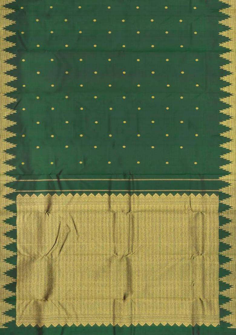 Dark Green Handloom Kanchipuram Silk Saree With Buttas Temple Border With Korvai And Temple Border Design For Women - Indya