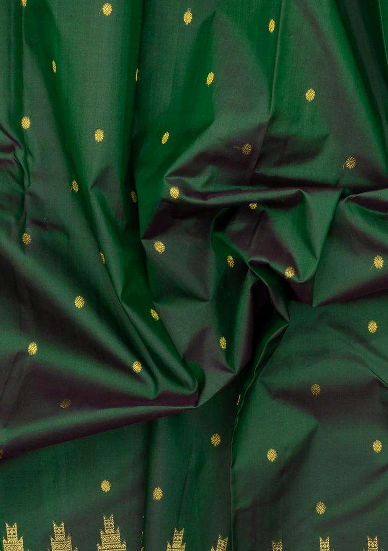 Dark Green Handloom Kanchipuram Silk Saree With Buttas Temple Border With Korvai And Temple Border Design For Women - Indya