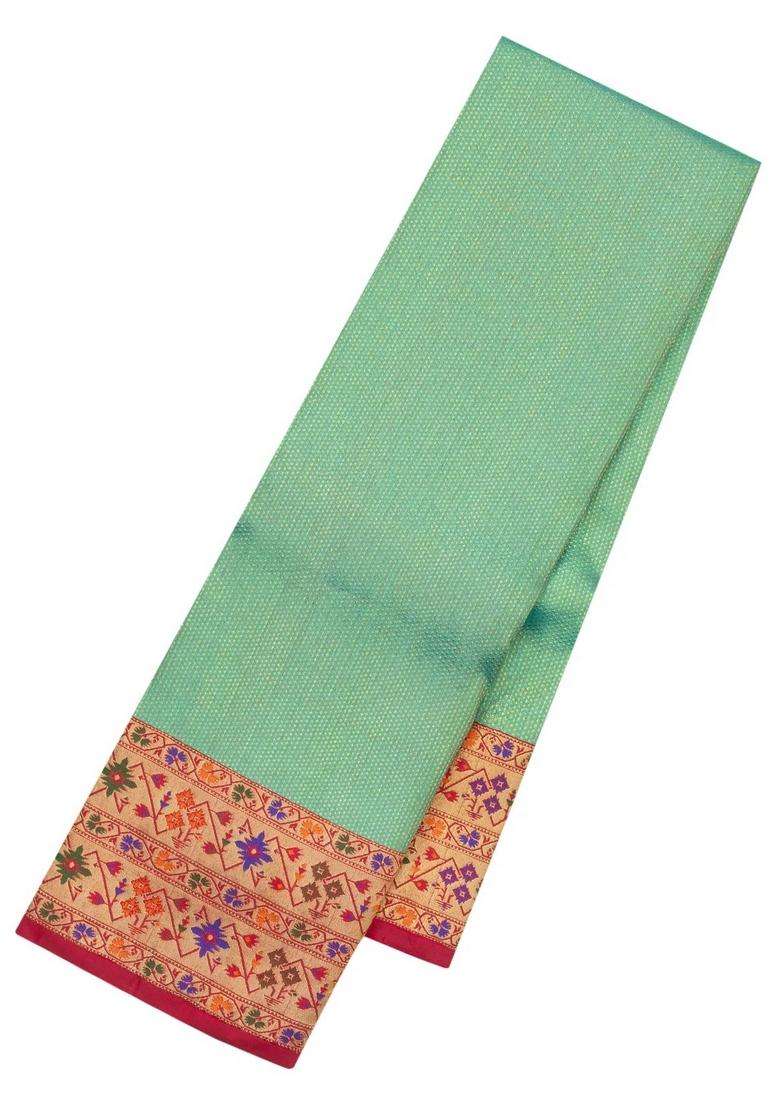 Green Handloom Korvai Kanchipuram Silk Saree With Contrast Meena Border With Korvai And Temple Border Design For Women - Indya