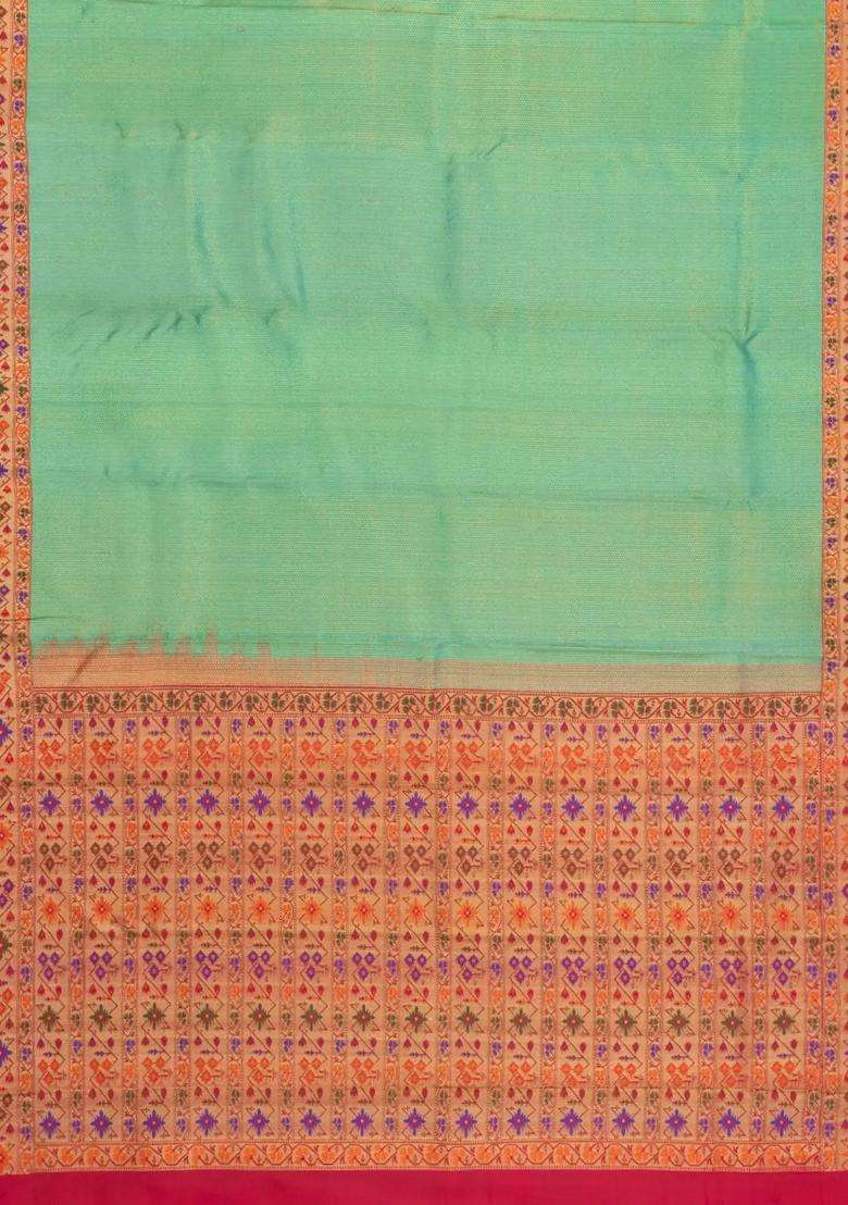 Green Handloom Korvai Kanchipuram Silk Saree With Contrast Meena Border With Korvai And Temple Border Design For Women - Indya