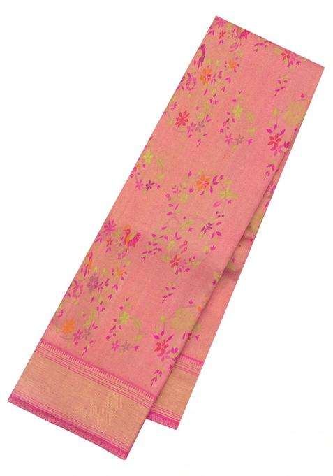 Pink Handloom Kanchipuram Silk Saree With Meena Floral Motifs With Buttas And Brocade Design For Women