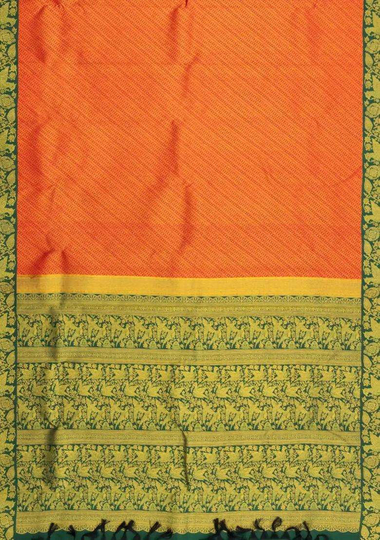 Red Handloom Korvai Kanchipuram Silk Saree With Contrast Border With Korvai And Temple Border Design For Women - Indya