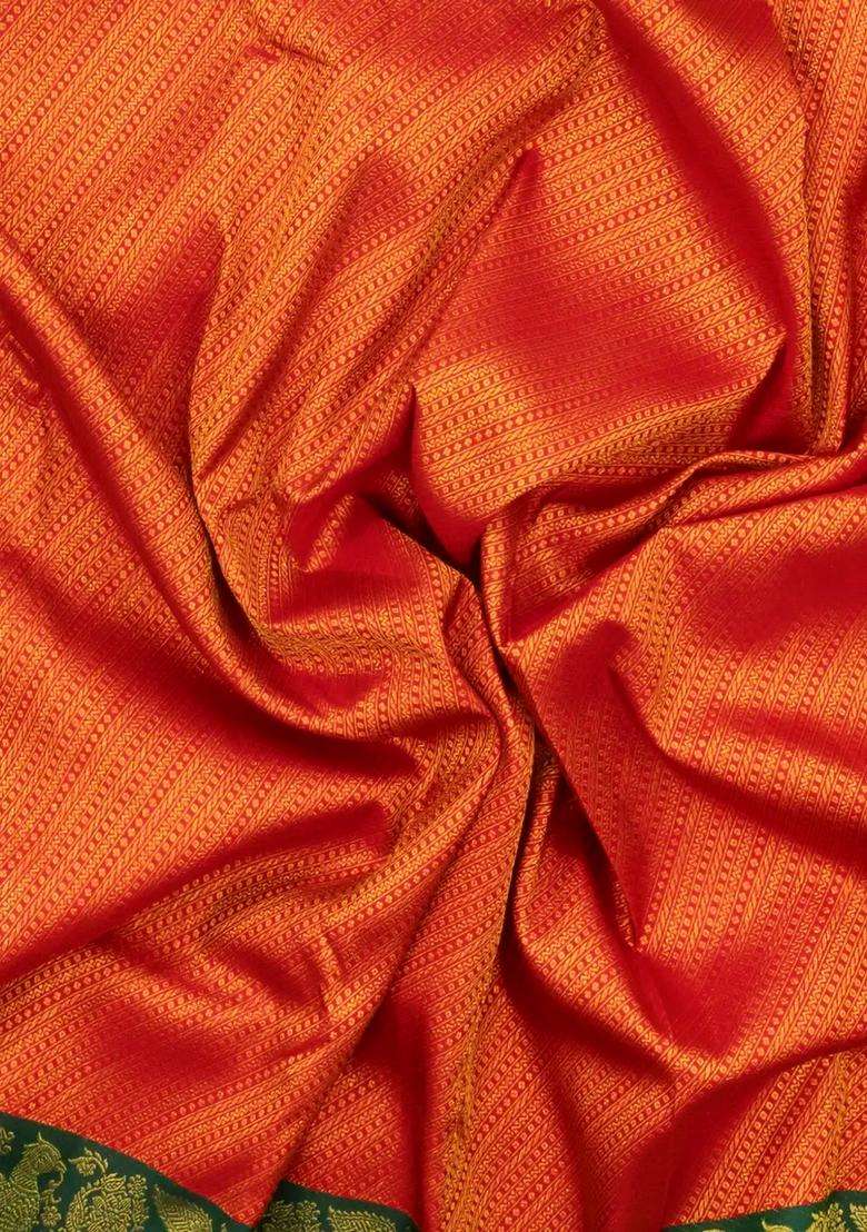 Red Handloom Korvai Kanchipuram Silk Saree With Contrast Border With Korvai And Temple Border Design For Women - Indya