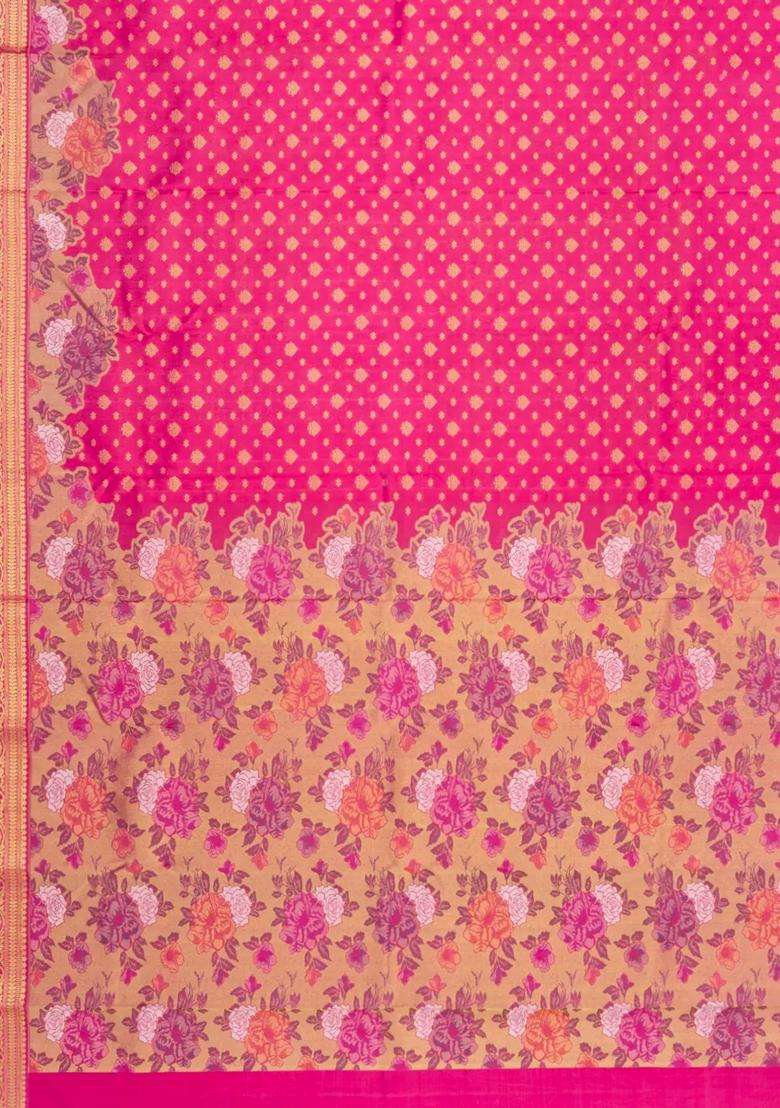 Pink Handloom Korvai Kanchipuram Silk Saree With Meena Floral Border With Korvai And Temple Border Design For Women - Indya