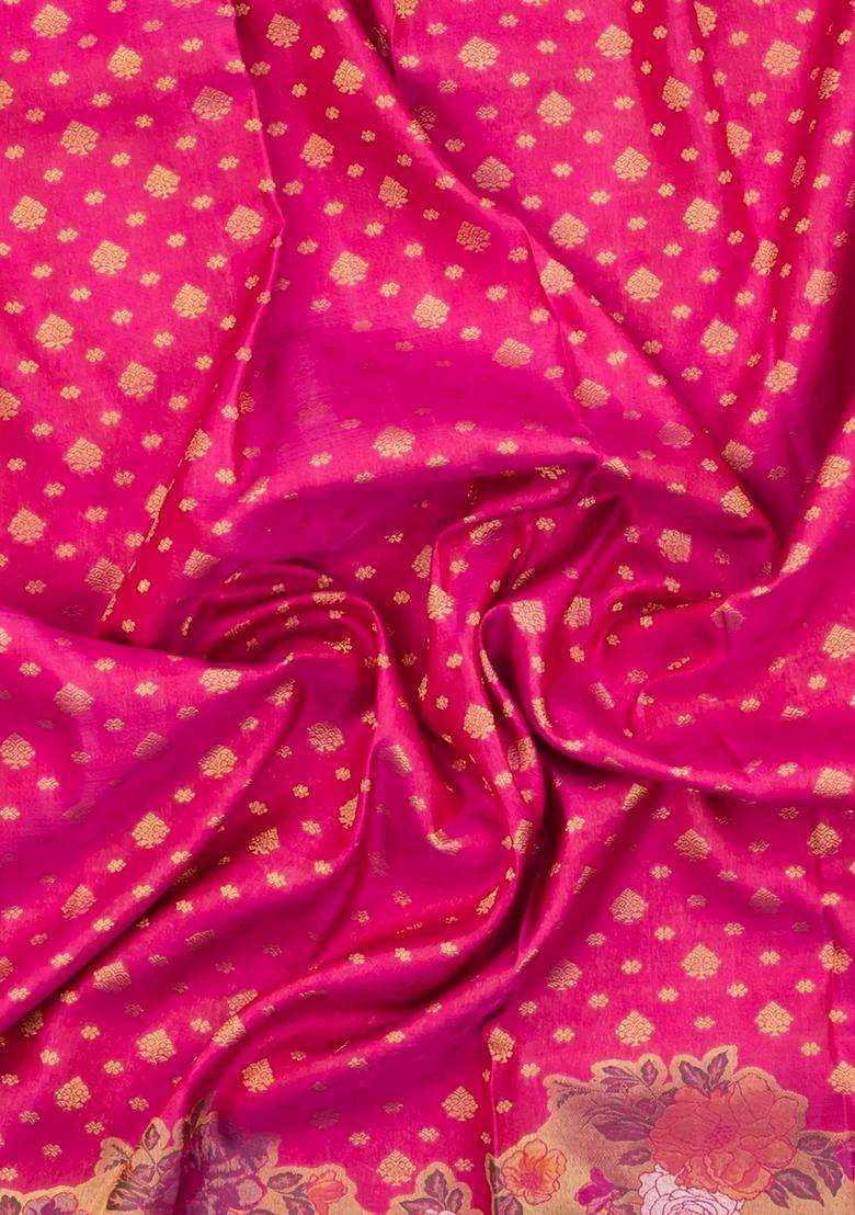 Pink Handloom Korvai Kanchipuram Silk Saree With Meena Floral Border With Korvai And Temple Border Design For Women - Indya