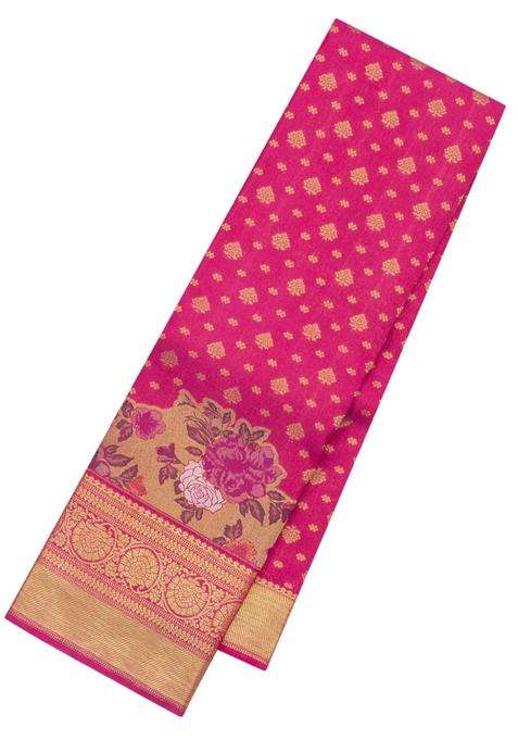 Pink Handloom Korvai Kanchipuram Silk Saree With Meena Floral Border With Korvai And Temple Border Design For Women