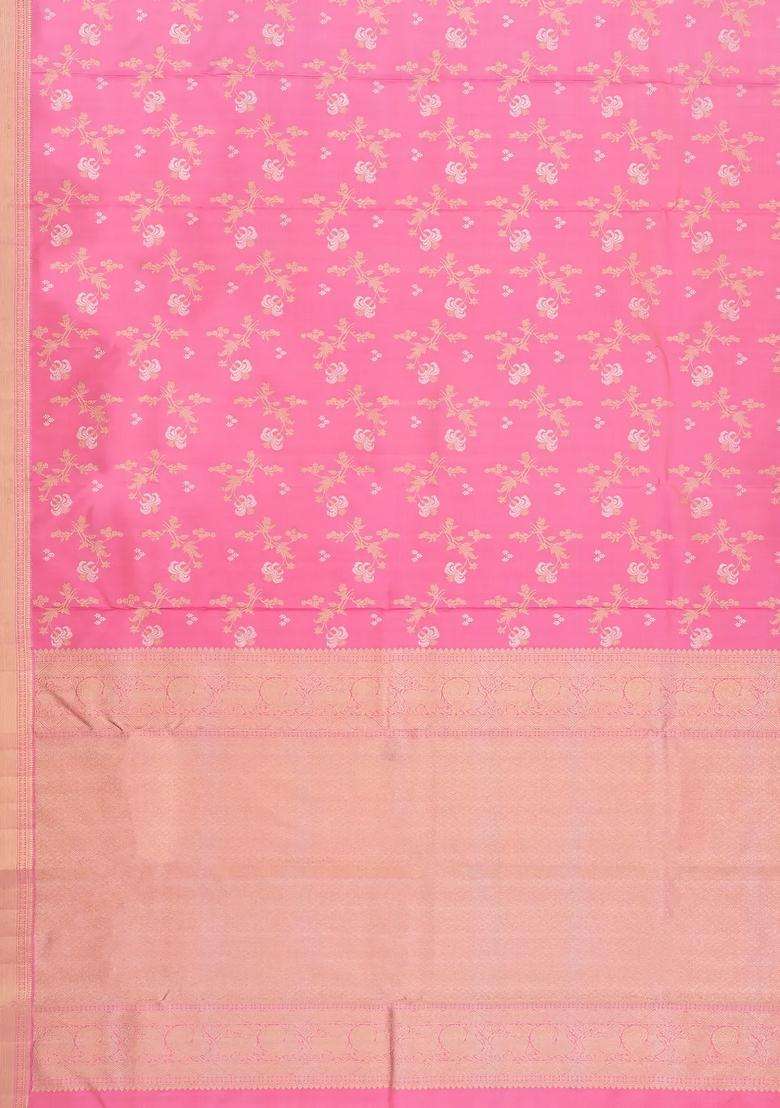 Bubblegum Pink Handloom Kanchipuram Silk Saree With Floral Zari Motifs With Buttas And Brocade Design For Women - Indya