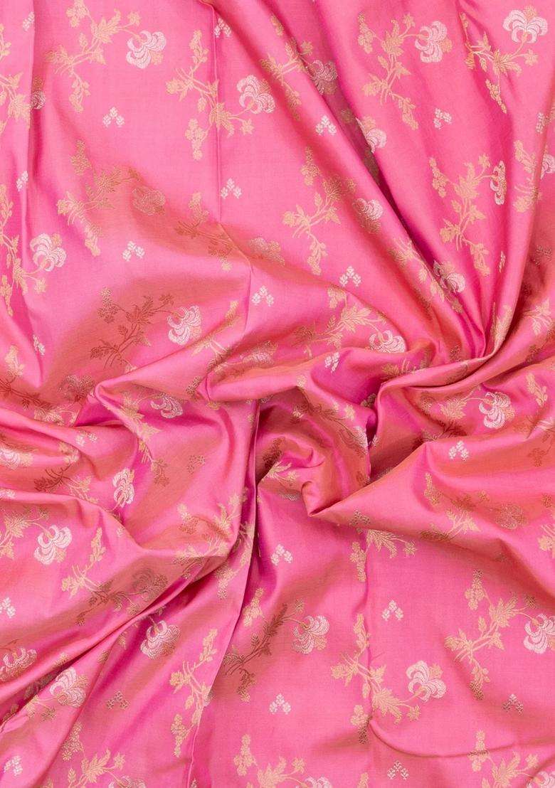 Bubblegum Pink Handloom Kanchipuram Silk Saree With Floral Zari Motifs With Buttas And Brocade Design For Women - Indya