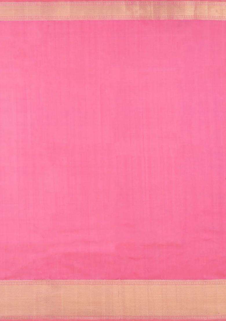 Bubblegum Pink Handloom Kanchipuram Silk Saree With Floral Zari Motifs With Buttas And Brocade Design For Women - Indya