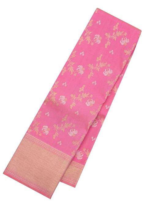 Bubblegum Pink Handloom Kanchipuram Silk Saree With Floral Zari Motifs With Buttas And Brocade Design For Women